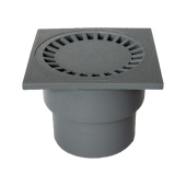 Трап D110 вертикальный с пластиковой решеткой 150х150 мм