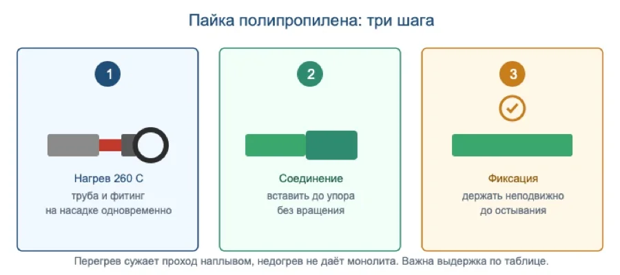 Три шага пайки полипропилена: нагрев, соединение, фиксация