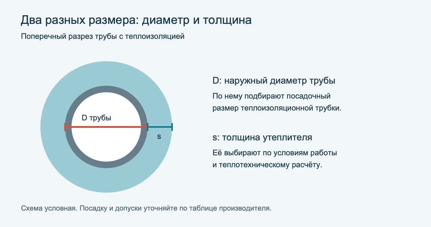 Поперечный разрез утеплённой трубы: наружный диаметр трубы и толщина теплоизоляции
