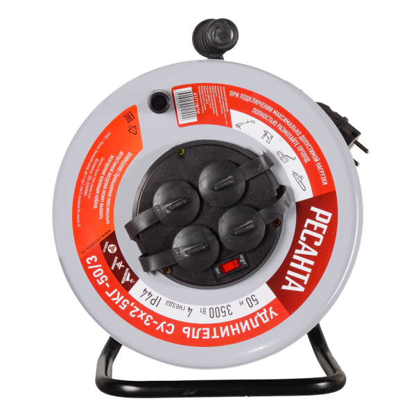 Удлинитель силовой на металлической катушке Ресанта СУ-3х2,5КГ-50/3 (с выкл., 4 розетки, IP44)