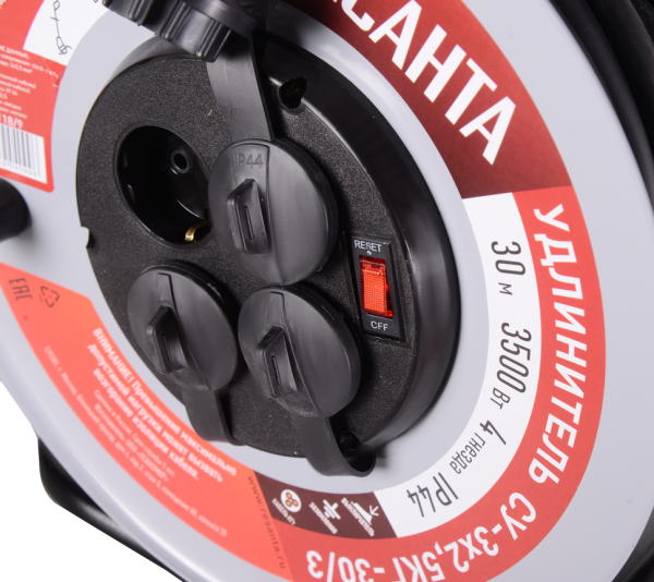 Удлинитель силовой на металлической катушке Ресанта СУ-3х2,5КГ-30/3 (с выкл., 4 розетки, IP44)