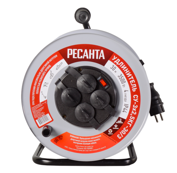 Удлинитель силовой на металлической катушке Ресанта СУ-3х2,5КГ-30/3 (с выкл., 4 розетки, IP44)