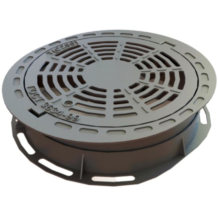 Люк чугунный дождеприемный магистральный плавающего типа высотой Н-140 с фиксатором, З.У. и пружиной, С250, в комплекте с рем.вставкой ГОСТ 3634-2019